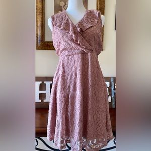 Monteau; mauve/pink ruffle lace dress; worn once; excellent condition; medium